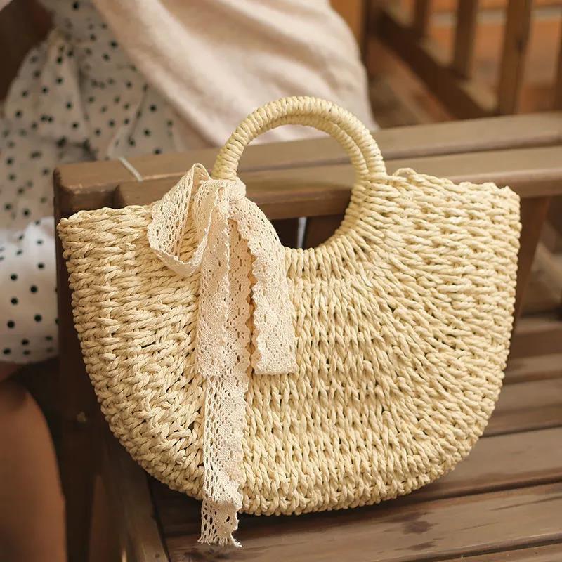 Lace Bow Basket Bags Women Casual Hollow Woven Shoulder Bag Knitted Handbags Large Capacity Vintage