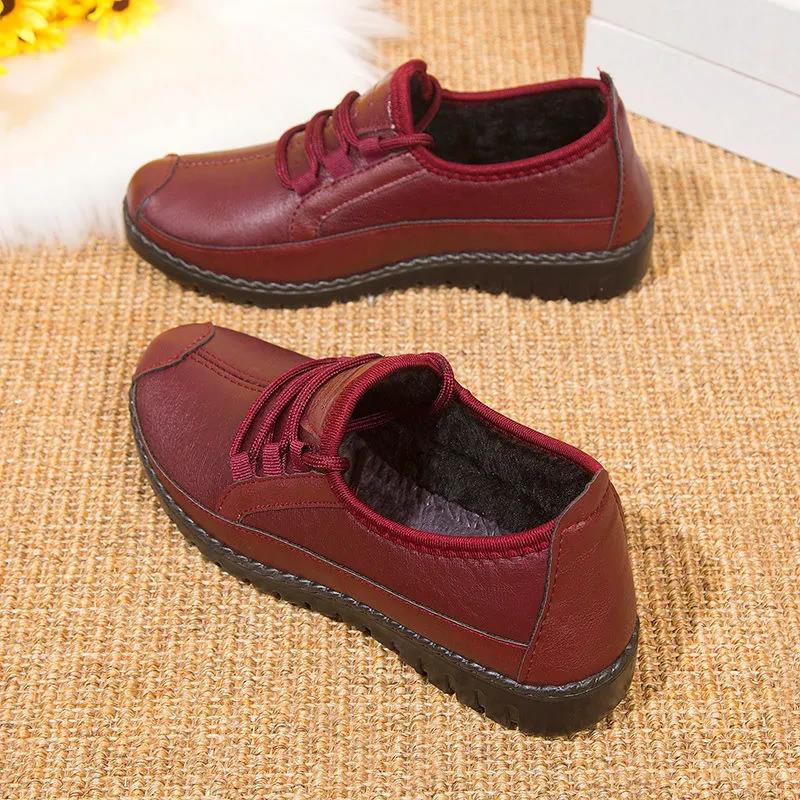 Women's Cotton Shoes Winter Leather  Waterproof Cloth Shoes Fleece Warm Cotton Boots