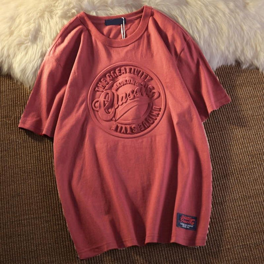3D Engraved T-shirt Solid Color Retro Tees Summer Men O-neck Short Sleeve Shirt Bump Trend Casual Thin Pullover