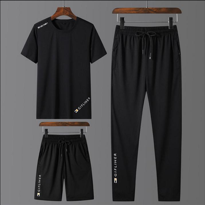 Three-piece Casual Suit Men's Summer Ice Silk Shorts Men's Trousers Loose Large Size T-shirt Men's Short-sleeved Clothes