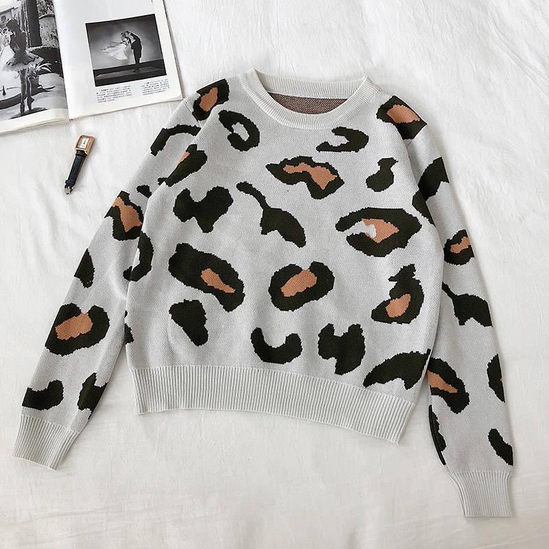 3 Colors Leopard O-neck Pullover Long Sleeve Short Twist Sweater Women Open Waist Knitwear