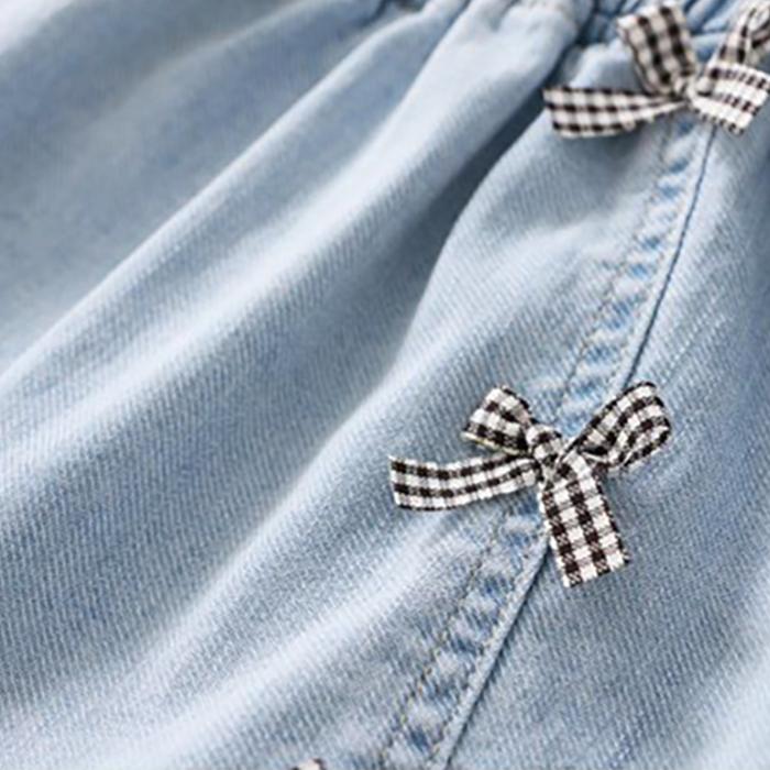 Autumn Spring Summer Casual Girls Summer Thin Denim Skirt Korean Bowknot Short Skirt Pleated Skirt Ruffle Denim Skirt