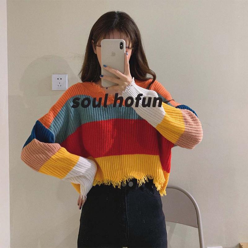 Pofulove loose sweater rainbow striped color matching striped fringe student short sweater women