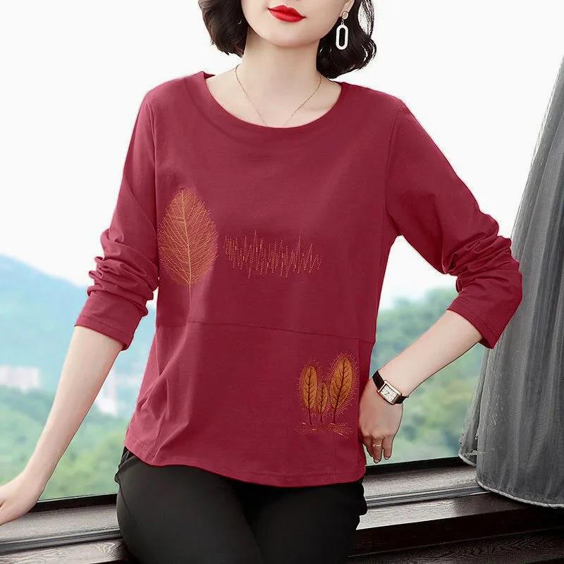 Women's Long-sleeved T-shirt Loose Round Neck Top Women Spring and Autumn Solid Color Bottoming Shirt