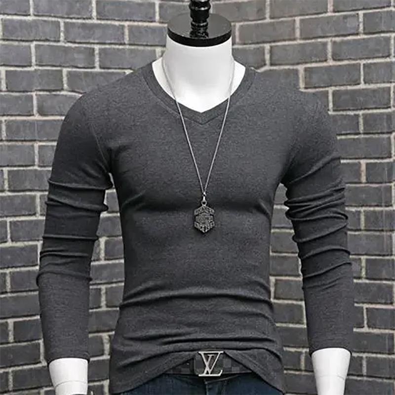 Men's V-neck Long-sleeved Cotton Sweater for Youth Self-cultivation Solid Color Korean Version of Autumn Sweatshirts