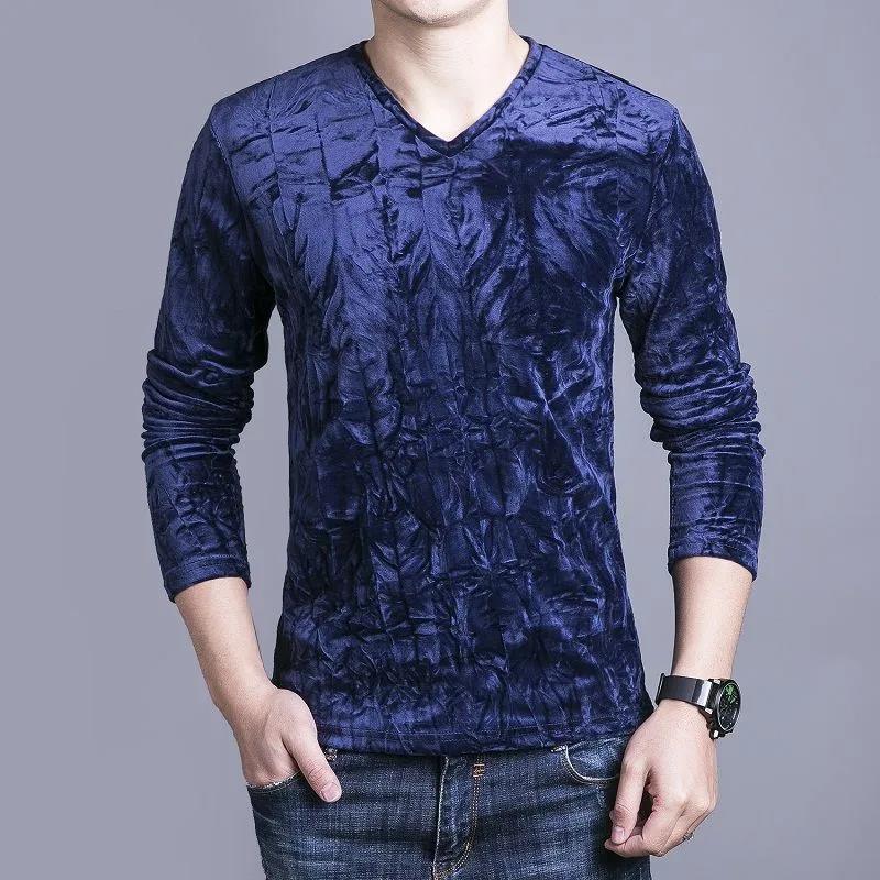 Men's Long-sleeved T-shirt V-neck Bottoming Shirt Gold Velvet Warm and Comfortable Slim Fit