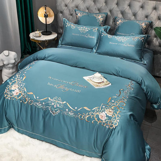 Ice Silk Four-piece Set European-style Silk Duvet Cover Sheet Embroidery Bedding