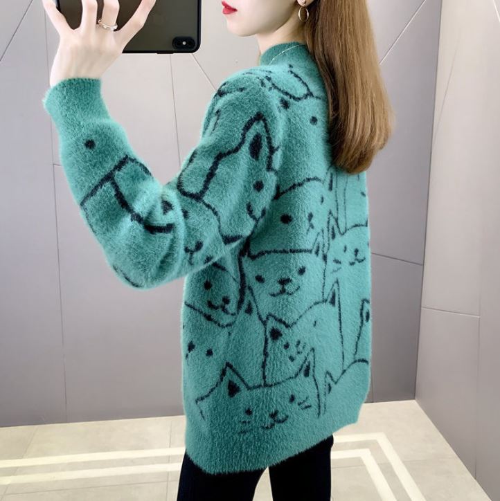 Korean Style Fashion Imitation Mink Fleece Sweater Half Turtleneck Knitted Long Sleeve Plush Sweater Loose Plus Size Cat Sweater