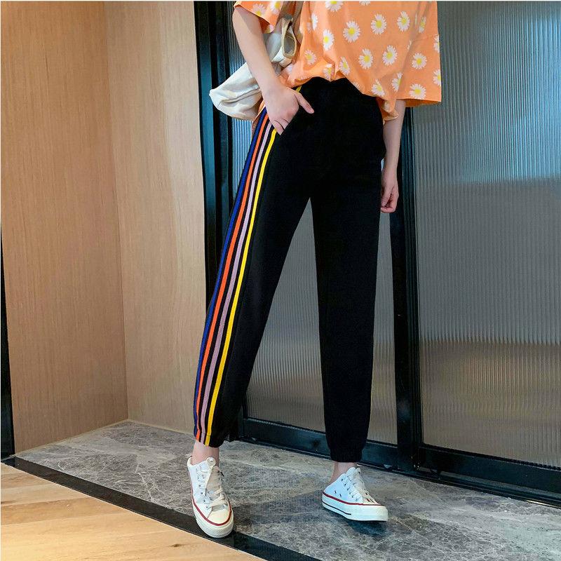 Women's Gray Sweatpants All-match Spring and Summer Loose Loose Feet and Thin Three Bars Casual Sweater Pants