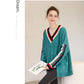 Color Matching V-neck Sweater Coat Women Batwing Sleeve Loose Casual Ladies Asymmetrical Split Hem Pullover Sweater Top