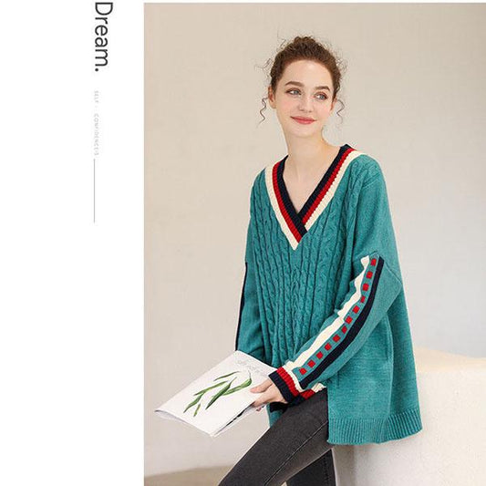 Color Matching V-neck Sweater Coat Women Batwing Sleeve Loose Casual Ladies Asymmetrical Split Hem Pullover Sweater Top