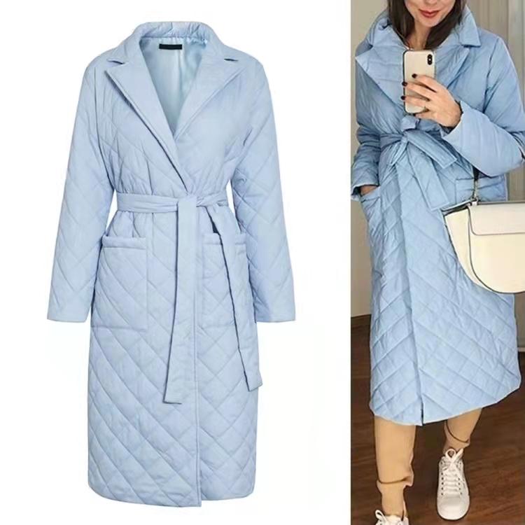 Long Straight Winter Coat with Rhombus Pattern Casual Sashes Women Parkas Deep Pockets Tailored Collar Stylish Outerwear