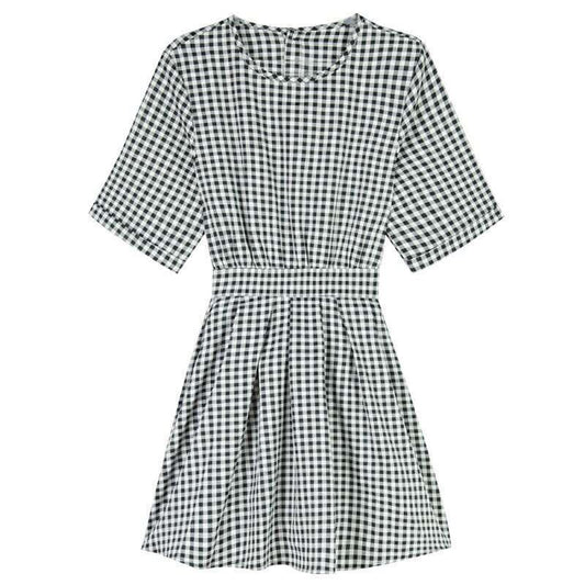 Female Casual Lace Up Slim Back Open Waist Plaid Elegant Party Dress Round Neck Waist Short Club Dress