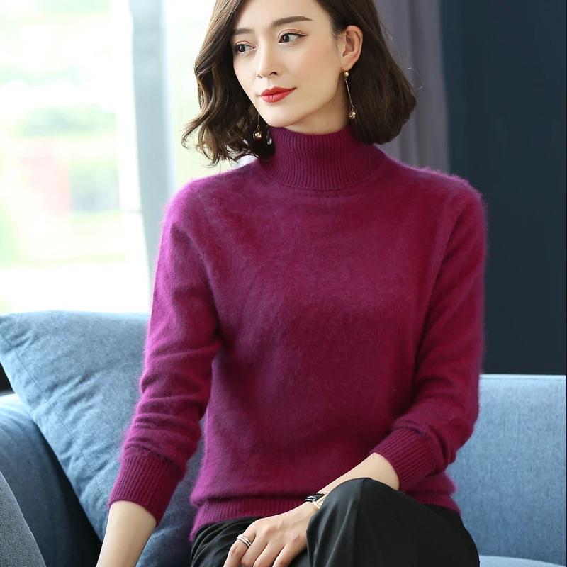 Women's Pure Mink Sweater Turtleneck Pullover Bottoming Sweater Slim Thick Plus Size Sweater Solid Slim Fit Long Sleeves Sweater Shirt Top