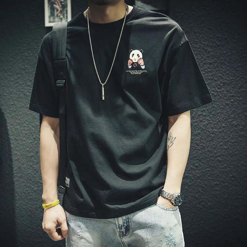 Summer Black Cotton Short-sleeved T-shirt Male Loose Half-sleeved Large Size Wild Panda Print Top