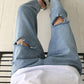 WTEMPO Hole Jeans Loose Social Nine Points Wide Leg Female Student High Waist Was Thin Straight Pants