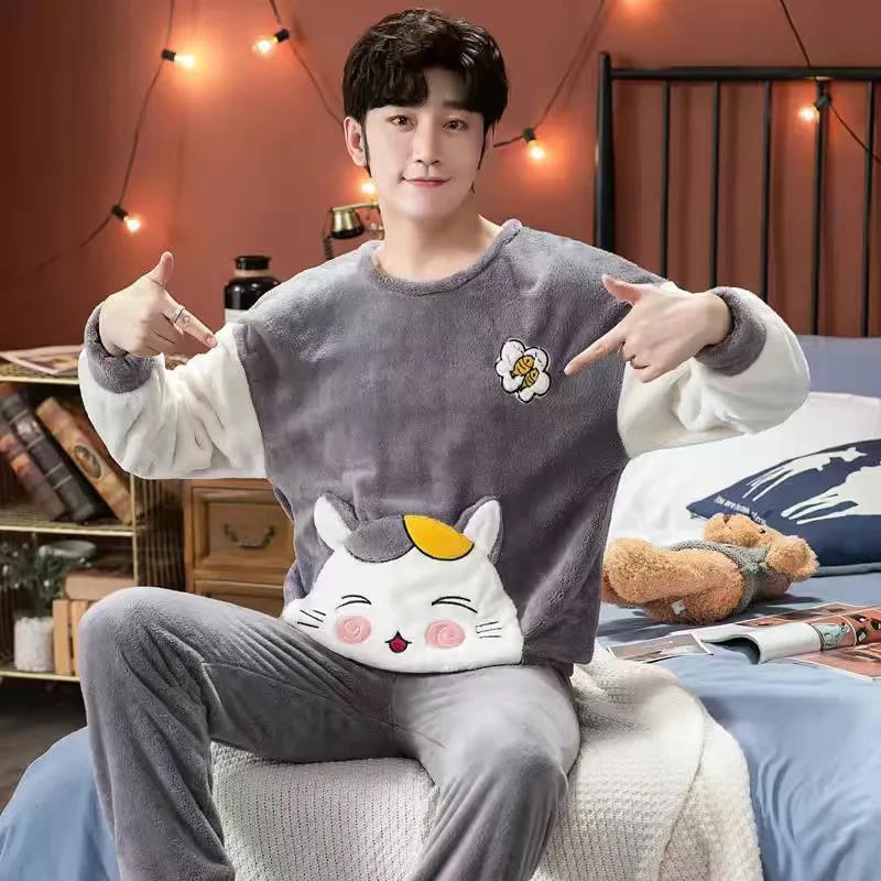Cartoon Couple Pajamas Suit Tops and Pants Men Home Clothes Ladies Winter Cashmere Warm Homewear