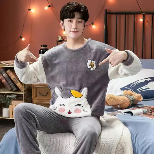 Cartoon Couple Pajamas Suit Tops and Pants Men Home Clothes Ladies Winter Cashmere Warm Homewear