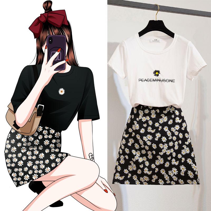 Small Daisy Embroidery Short-sleeve T-shirt Skirt Two-piece High Waist Short  A-line Skirt