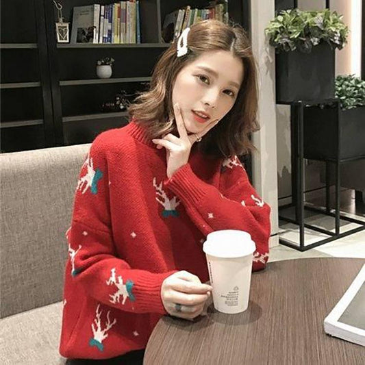 Christmas Loose Sweatshirt for Women Thin Long-sleeve Turtleneck Antlers Print Pullovers Sweater