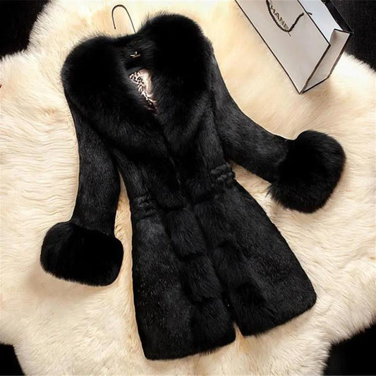 Waist Faux Fur Coat Women's Mid-length Faux Fox Fur Collar Small Rabbit Fur Slim-fit Mink Fur Coat Warm Parka Coat Winter Plush Cotton Jacket