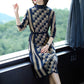 Autumn Winter Plaid Knitted Dress Women's Long  Bottoming Sweater Dress Slim High Neck Pullover Sweater with Sashes