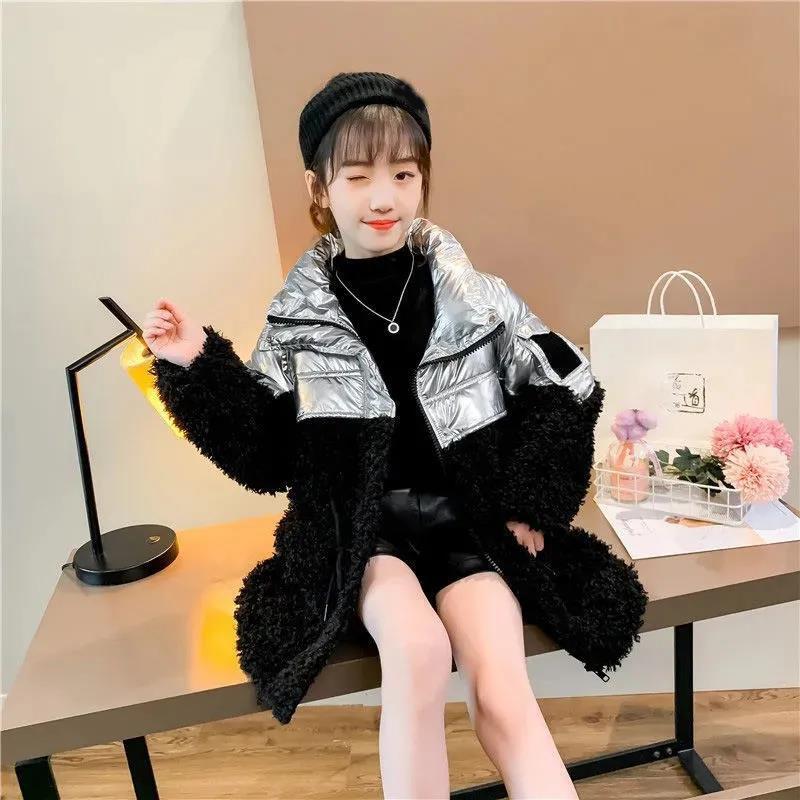 Girls' Thick and Velvet Warm Cotton Coat Winter Down and Windproof Cotton Jacket Girls Mid-length Padded Jacket