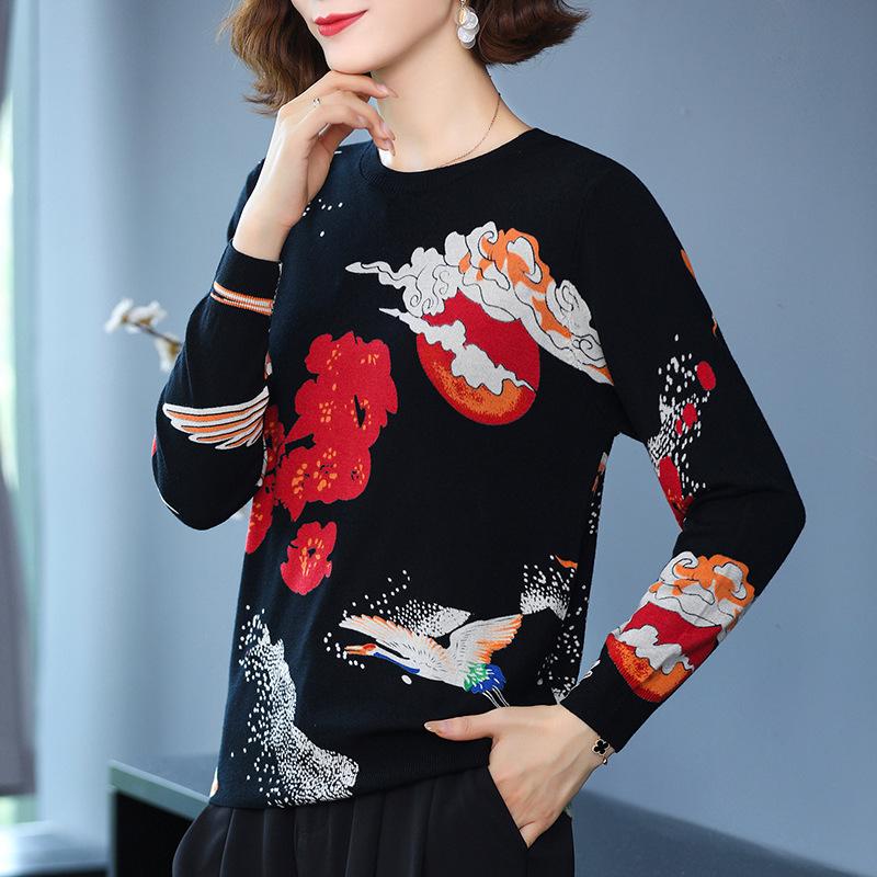 Women's Printed Pullover Sweater Tops Autumn  Winter Long-sleeved Bottoming Sweater Women's High-end Woolen Sweater