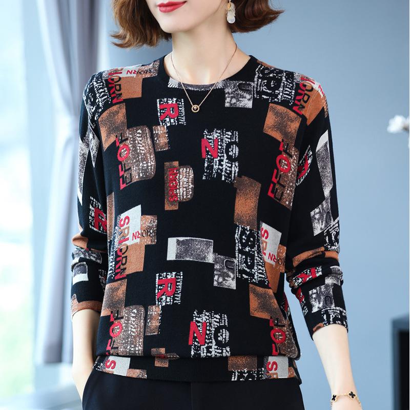 Autumn and Winter Ladies Fur Round Neck Bottoming Shirt Fashion Printing Shirt Sweater