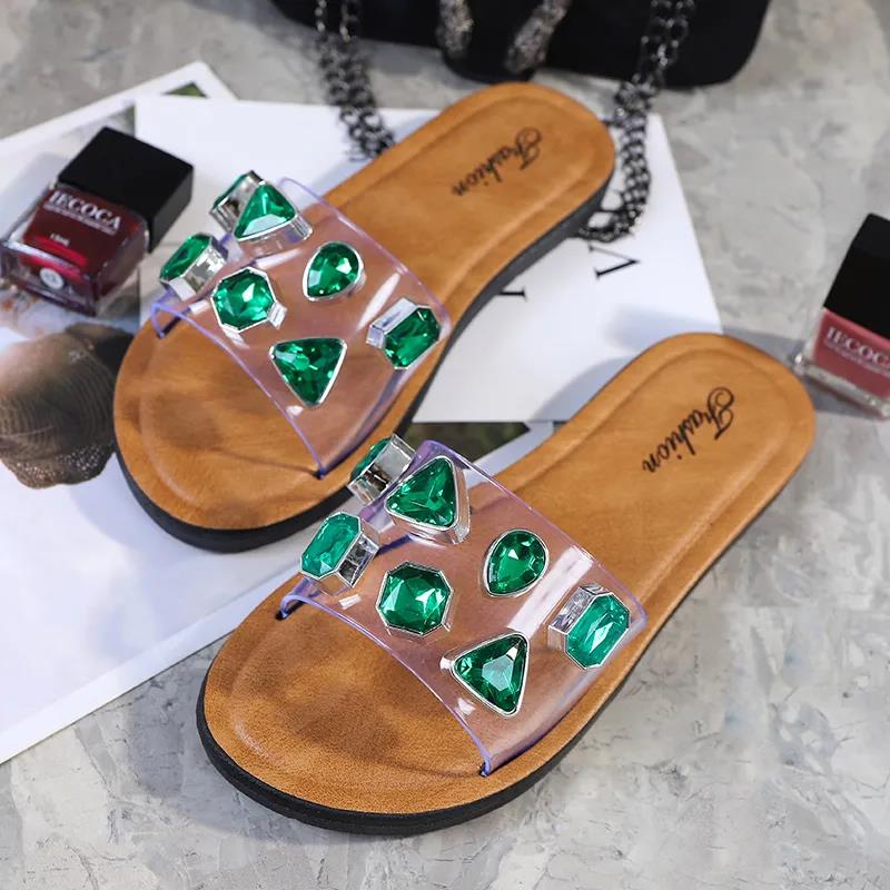 Slippers for Women's Outer Wear Summer Gemstone Decoration Non-slip Soft-soled Sandals Women's Flat Sandals Flat Shoes for Indoor and Outdoor Wear