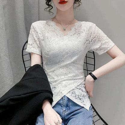 S-4XL Spring Summer Women's Tops Plus Size Solid Color Slim Lace Bottoming Shirts All-match V-neck Short-sleeved Shirts