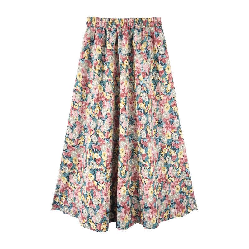 Floral Skirt Women Chiffon High Waist Long Skirt A-line Skirt Mid-length Floral Skirt Elastic Waistline Ladies Skirt Fabric Light and Breathable