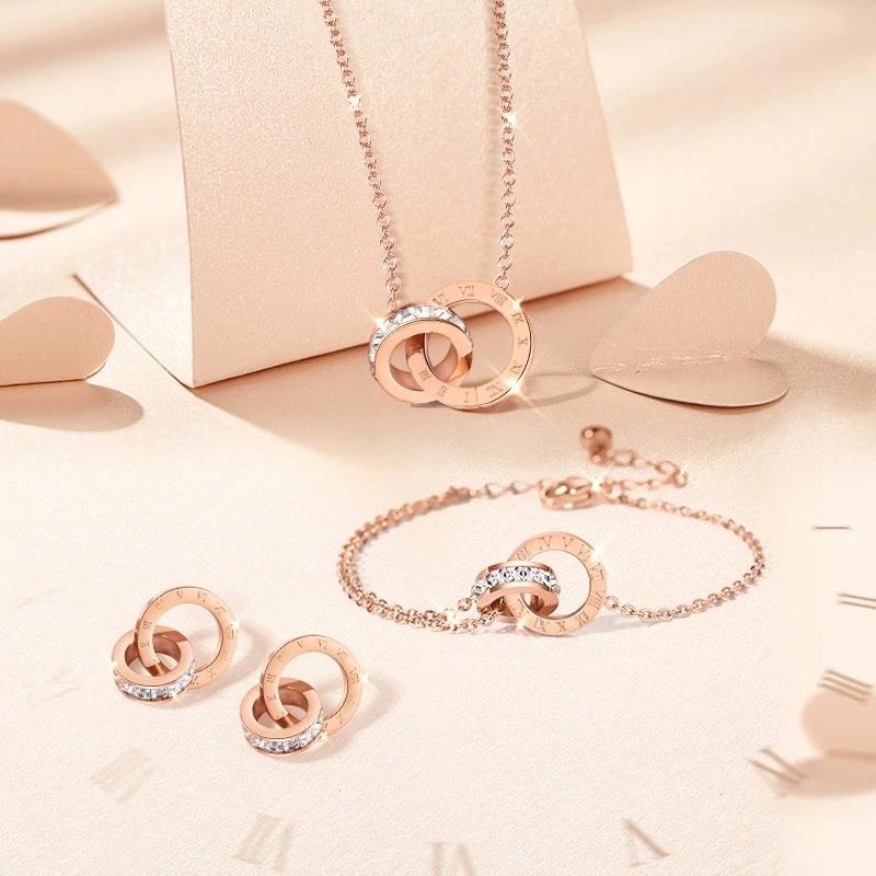 Double Ring Crystal Necklace Bracelet Earring Set Hypoallergenic Jewelry Valentine's Day Gift for Girlfriend Luxury Jewelry Set with Diamonds
