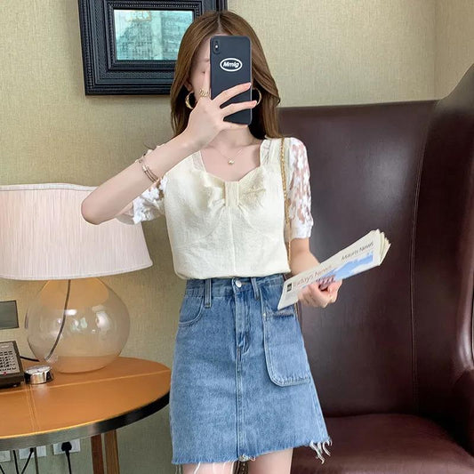 Women's Summer Loose Square Neck Embroidered Top Short Sleeve T-Shirt