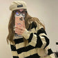 Retro Striped Loose Lazy Knit Sweater Long Sleeve Embroidered Hole Round Neck Pullover Sweater for Women