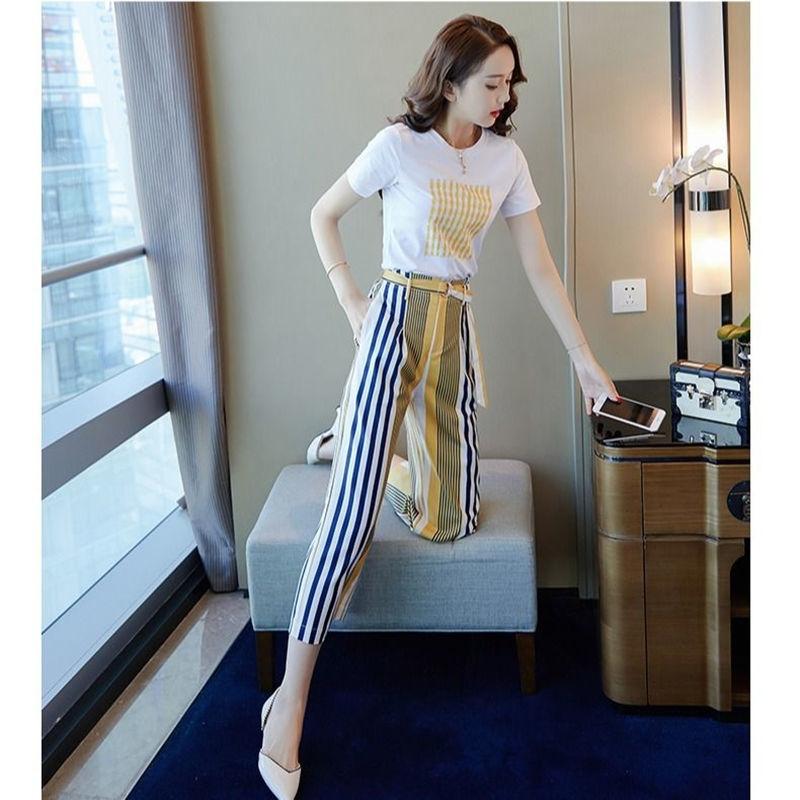 Summer Women's Cotton T-shirt Wide-leg Pants Two-piece Women's Round Neck Short-sleeved T-shirt + Loose Wide-leg Pants Fabric Soft and Sweat-absorbent