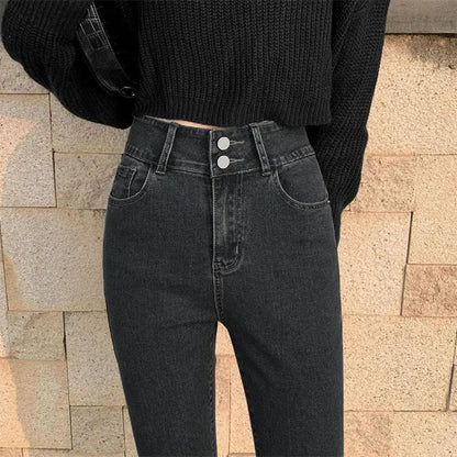 Double Button Women's High Waist Jeans Pencil Pants Korean Style Elastic Thin and High Pencil Pants Ladies Leggings