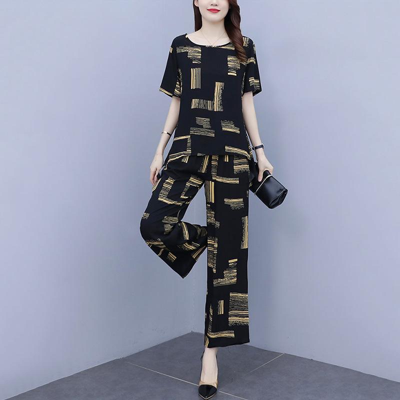 Black Printed Large Size Women's Summer Suit Casual Age-reducing Wide-leg Pants + Short-sleeved Round Neck Shirt Two-piece Set