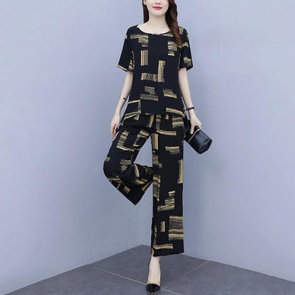 Black Printed Large Size Women's Summer Suit Casual Age-reducing Wide-leg Pants + Short-sleeved Round Neck Shirt Two-piece Set