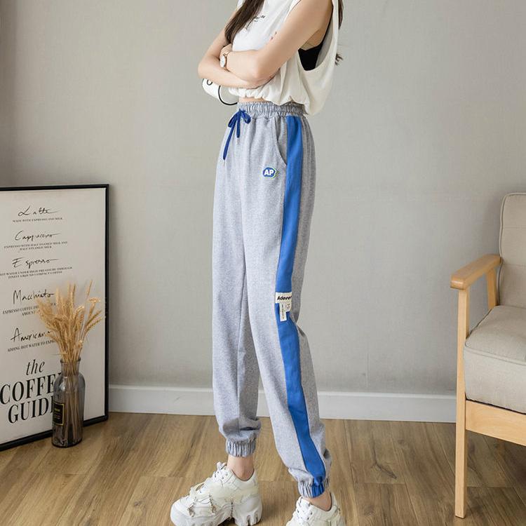WTEMPO Stitching Stripes Sport Pants Elastic Waist Joggers Casyal Women Long Sweatpants Loose Casual Solid Color Baggy Trousers