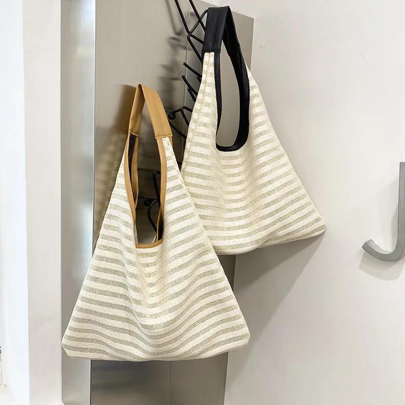 Women Casual Striped Shoulder Woven Bag Handbags Large Capacity Vintage Tote Bags