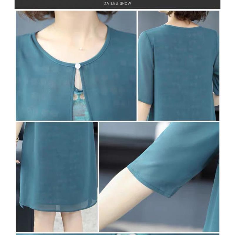 Ladies Dress Round Neck Large Size Loose Fake Two-piece Dress Chiffon Skirt Middle-aged Mother
