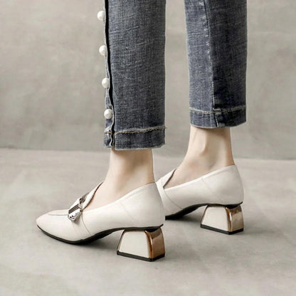 Soft Surface Comfortable Real Cowhide Thick Mid-heel Work Shoes Casual Shoes Single Shoes Women's Square Toe English Small Leather Shoes