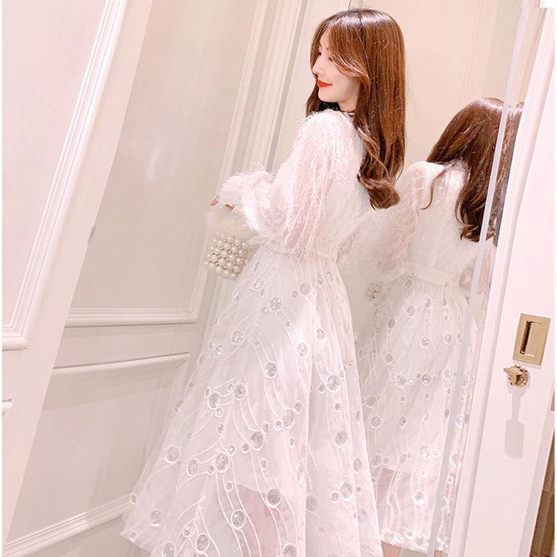 Women's autumn and winter mesh tassel sequins skirt large size inside dress long dress Slim dress