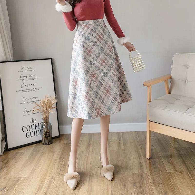 Autumn and Winter New High-waist Woolen Plaid Skirt Women's Mid-length A-line Large Skirt Over-the-knee Umbrella Skirt Autumn