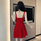 Sexy Dress Net Celebrity Anchor Suspender A-line Skirt Slim Slimming Wrinkled Low-cut Zipper Temperament Short Dress