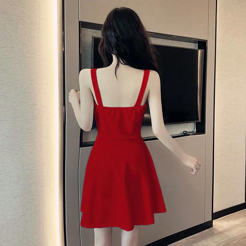 Sexy Dress Net Celebrity Anchor Suspender A-line Skirt Slim Slimming Wrinkled Low-cut Zipper Temperament Short Dress