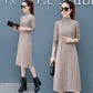 Elegant Half-high collar Split Midi Dress Women Knitted Sweater Dress Button Long Sleeve  Dress