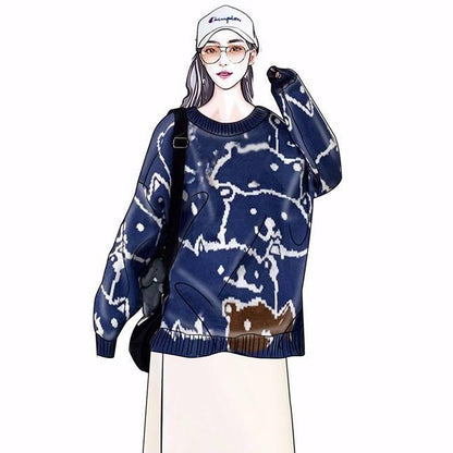 Winter Sweet Jacquard Pullover Sweater Women Loose Long Sleeve Knitted Round Neck Sweater
