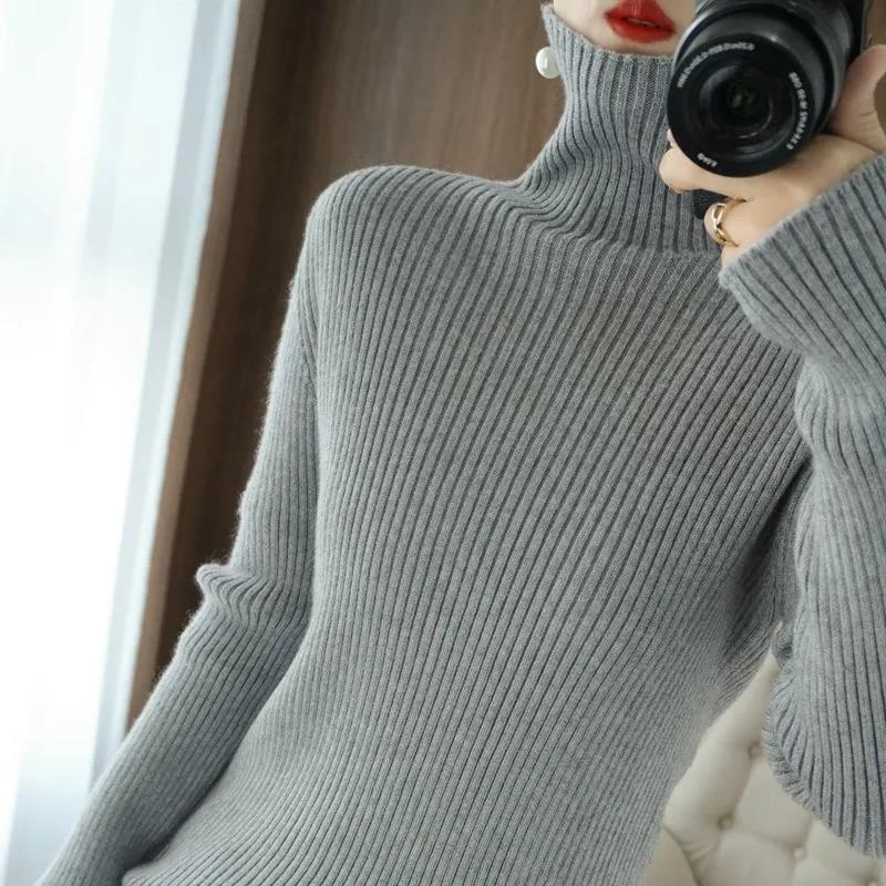 Autumn and Winter Turtleneck Sweater Women's Slim Slim Bottoming Shirt Vertical Pattern Large Size Long-sleeved Sweater